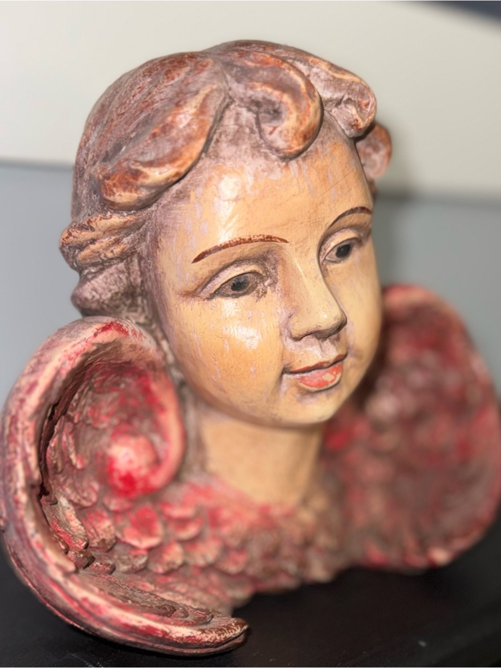 Hand-Painted Angel Bust in Red and Cream Accent Sculpture